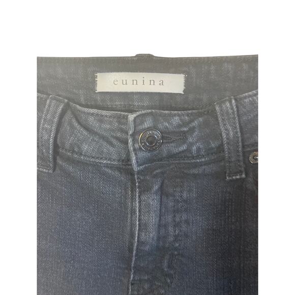 Eunina Black Denim Distressed High Waisted Jean Cropped Relaxed Fit Straight Leg - Picture 1 of 6